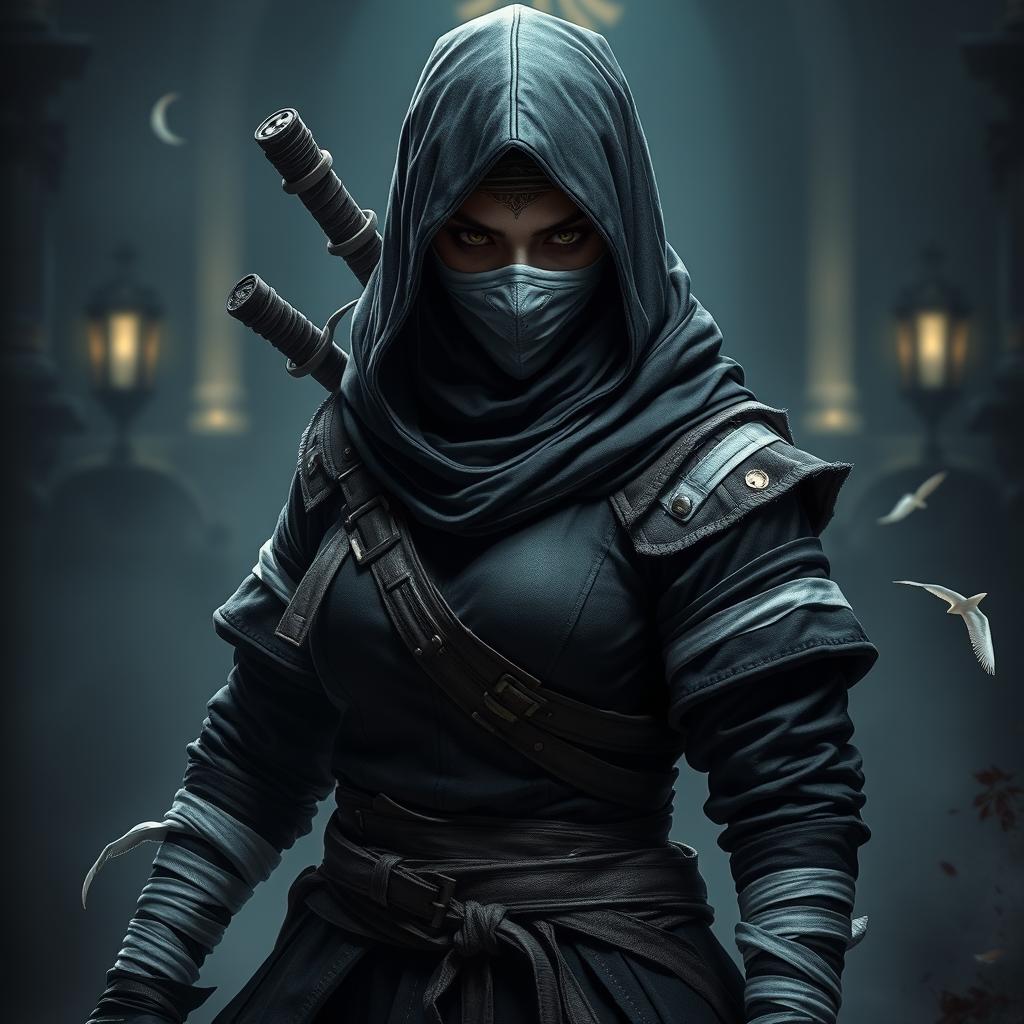 A fierce female ninja hunter inspired by the aesthetic of Bloodborne, with intricate white bandages peeking out from under her dark clothing