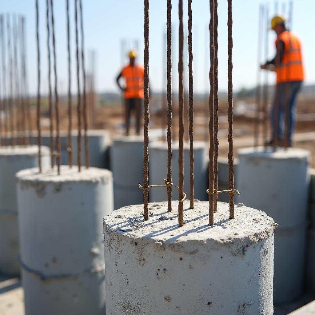 A detailed close-up shot of a construction site showcasing pile caps with exposed reinforcement bars