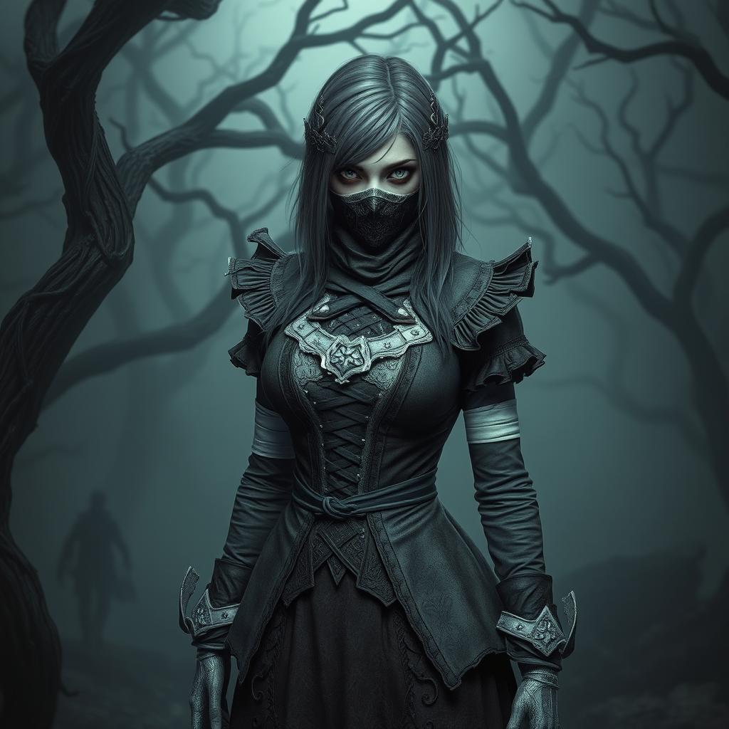 A female hunter character inspired by the video game Bloodborne, wearing tattered Victorian-style clothing