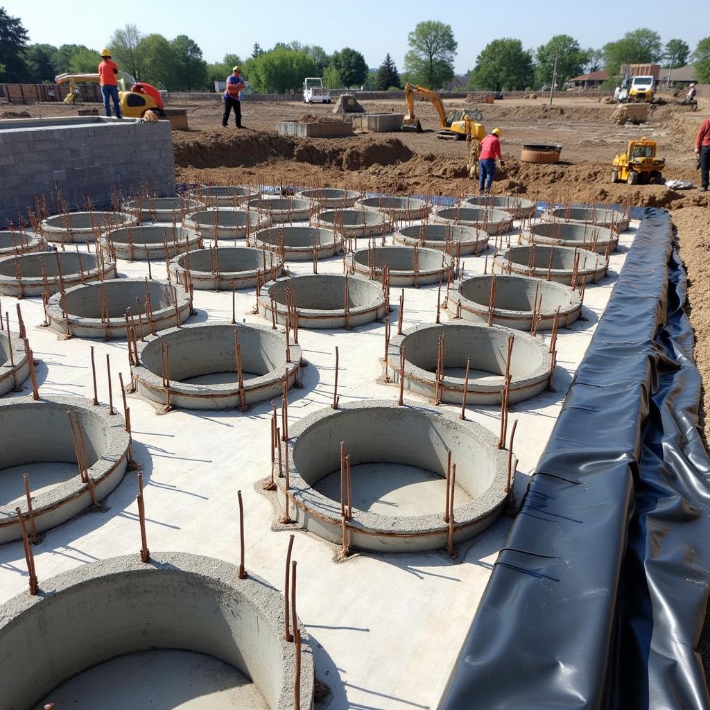 A construction site showing multiple concrete footings with exposed rebar
