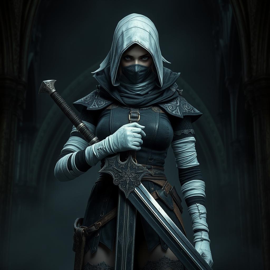 A female Bloodborne hunter dressed in Gothic attire, featuring an intricate greatsword held firmly in her hands