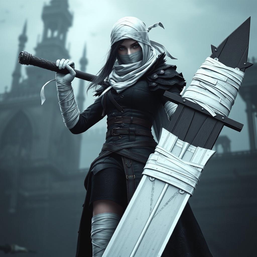 A female Bloodborne hunter character, dressed in dark gothic attire, with white bandage wraps securely covering her head, arms, and legs