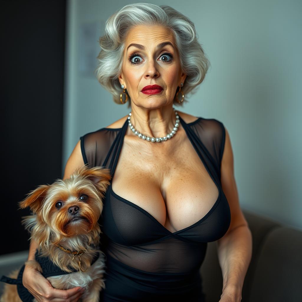 A glamorous 75-year-old woman dressed in sexy attire that showcases her ample cleavage