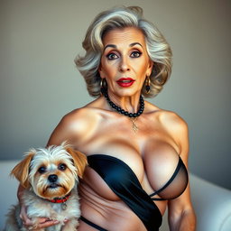 A glamorous 75-year-old woman dressed in sexy attire that showcases her ample cleavage