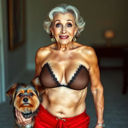 A glamorous 75-year-old woman dressed in sexy attire that highlights her ample cleavage