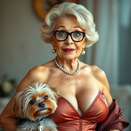 A glamorous 75-year-old woman dressed in sexy attire that accentuates her ample cleavage