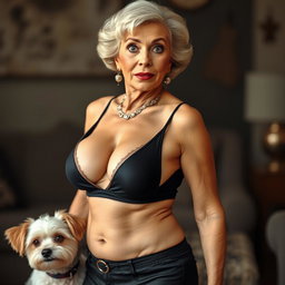 A stunning 75-year-old woman dressed in sexy attire that emphasizes her generous cleavage
