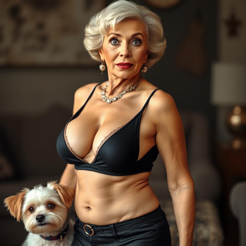 A stunning 75-year-old woman dressed in sexy attire that emphasizes her generous cleavage