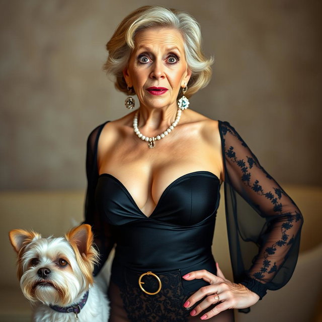 A stunning 75-year-old woman dressed in sexy attire that emphasizes her generous cleavage