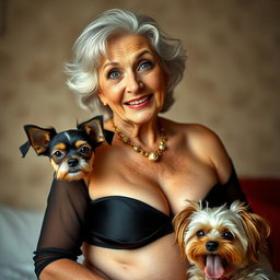 A beautiful 75-year-old woman dressed in seductive clothing that accentuates her generous cleavage