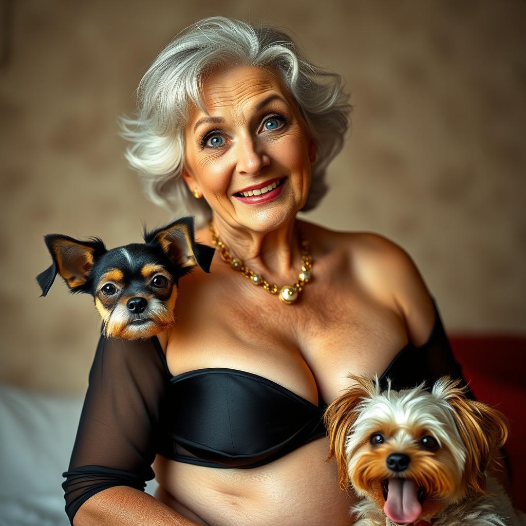 A beautiful 75-year-old woman dressed in seductive clothing that accentuates her generous cleavage