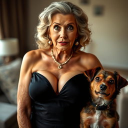 A beautiful and confident 75-year-old woman dressed in alluring attire that showcases her ample cleavage