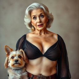 A beautiful and confident 75-year-old woman dressed in alluring attire that showcases her ample cleavage
