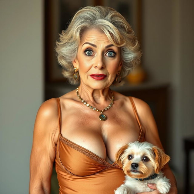 A captivating and glamorous 75-year-old woman dressed in sexy clothing that highlights her ample cleavage