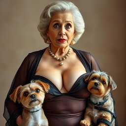 A captivating and glamorous 75-year-old woman dressed in sexy clothing that highlights her ample cleavage