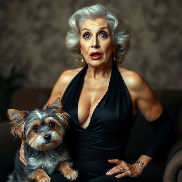 A striking 75-year-old woman exuding glamour, dressed in sexy attire that prominently showcases her ample cleavage