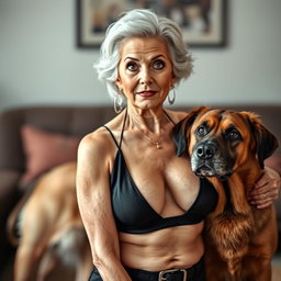 A stunning 75-year-old woman exuding confidence, dressed in sexy attire that reveals her ample cleavage