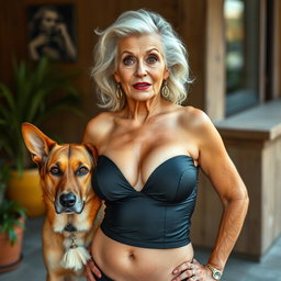 A stunning 75-year-old woman with an alluring presence, dressed in sexy attire that prominently showcases her voluptuous cleavage