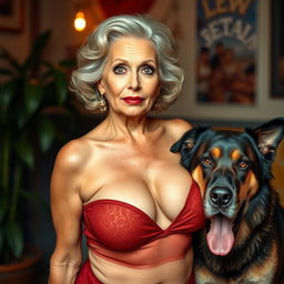 A stunning 75-year-old woman with an alluring presence, dressed in sexy attire that prominently showcases her voluptuous cleavage