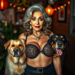 A stunning 75-year-old woman with an alluring presence, dressed in sexy attire that prominently showcases her voluptuous cleavage