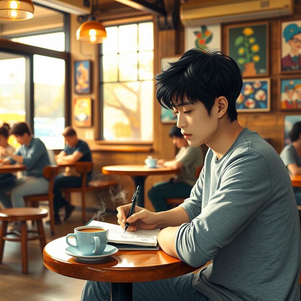 A cozy scene in a café with Min-woo, a focused young man with short black hair, sketching in a notebook