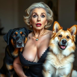 A glamorous 75-year-old woman with a striking appearance, dressed in sexy attire that emphasizes her generous cleavage