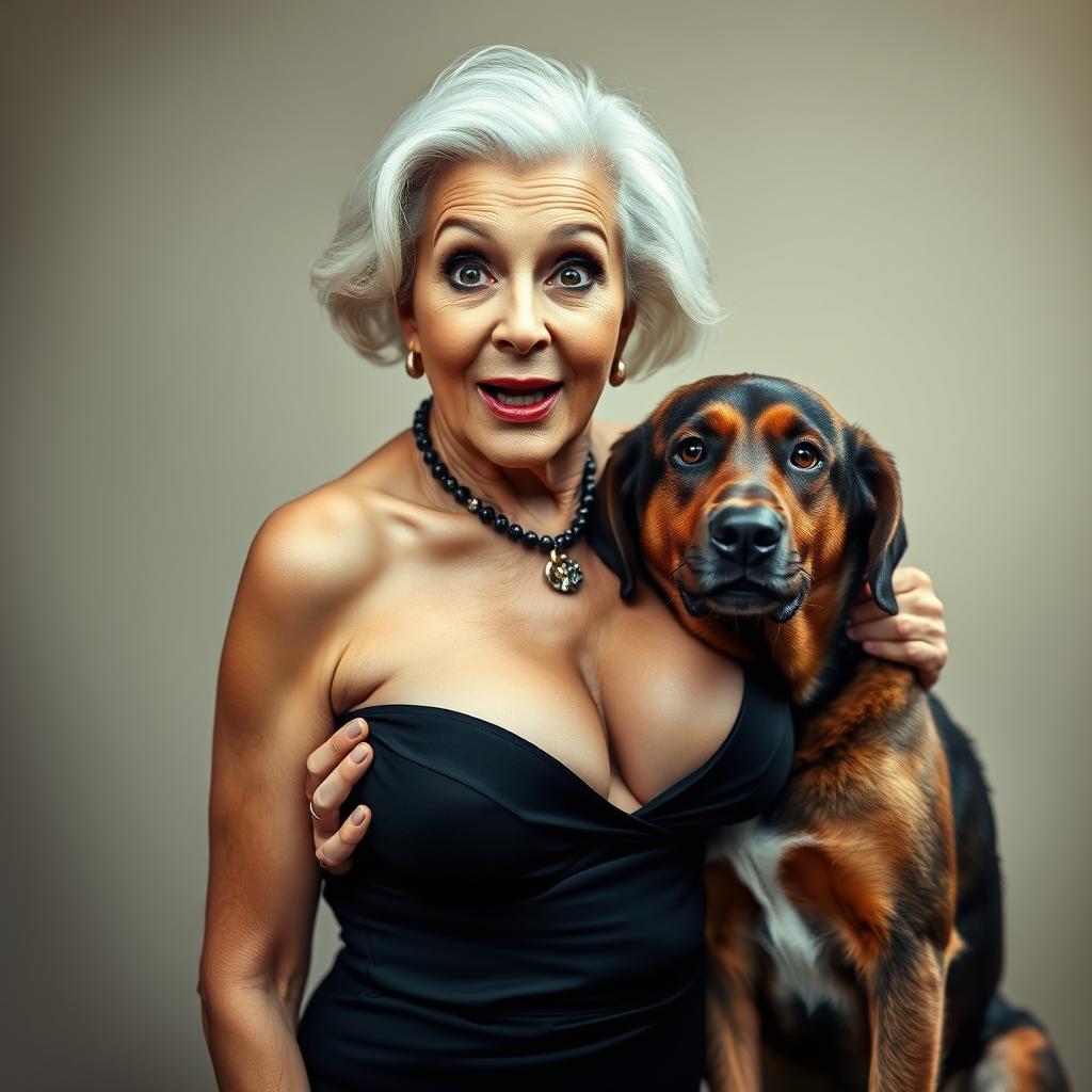 A glamorous 75-year-old woman with a striking appearance, dressed in sexy attire that emphasizes her generous cleavage