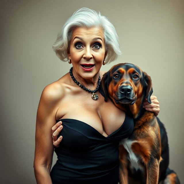 A glamorous 75-year-old woman with a striking appearance, dressed in sexy attire that emphasizes her generous cleavage