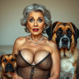 A glamorous 75-year-old woman with a striking appearance, dressed in sexy attire that emphasizes her generous cleavage