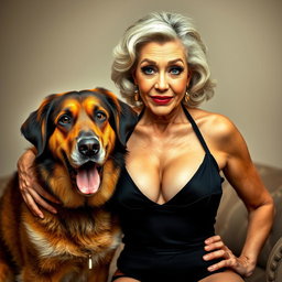 A glamorous 75-year-old woman with a striking appearance, dressed in sexy attire that emphasizes her generous cleavage