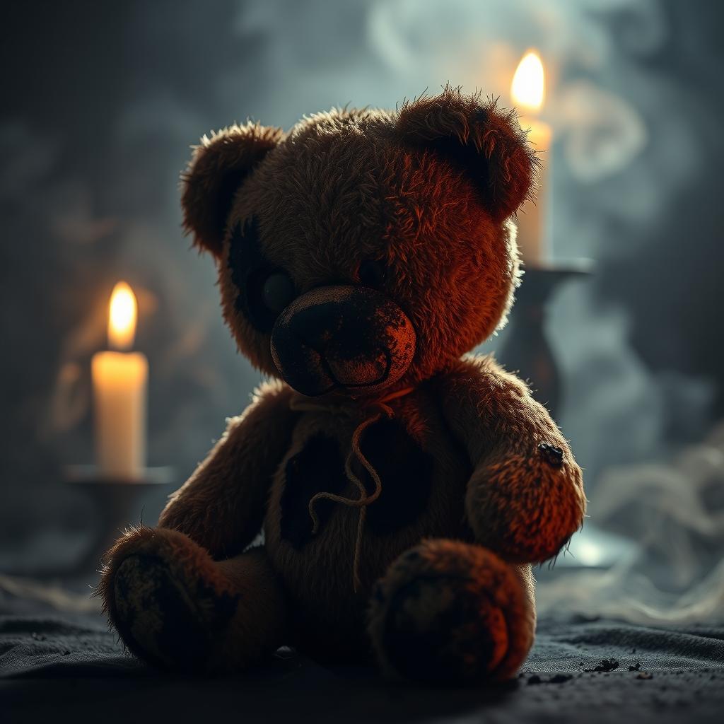 A teddy bear that appears burnt, with charred fur and singed edges