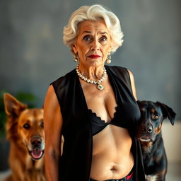 A captivating 75-year-old woman radiating allure, wearing sexy clothing that accentuates her generous cleavage