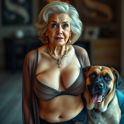 A captivating 75-year-old woman radiating allure, wearing sexy clothing that accentuates her generous cleavage