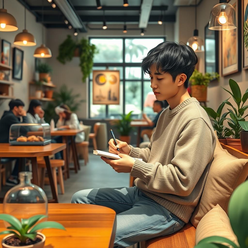 A cozy, inviting café scene where a young man named Min-woo is intently sketching in his sketchbook