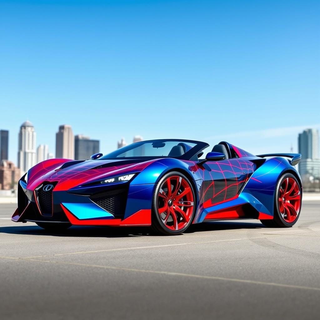 A sleek, futuristic Spider-Man themed car, featuring vibrant red and blue colors, with web patterns adorning the body