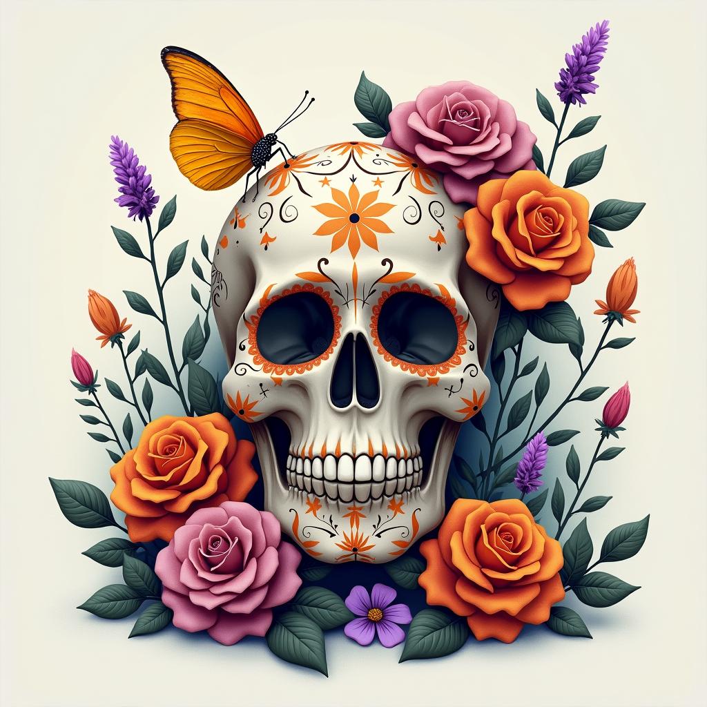 A beautifully designed skull surrounded by an array of colorful wildflowers, featuring rosettes in shades of orange and purple