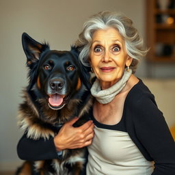 A beautiful 75-year-old woman with a surprised expression, standing confidently and facing the camera directly