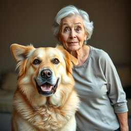 A beautiful 75-year-old woman with a surprised expression, standing confidently and facing the camera directly