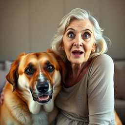 A beautiful 75-year-old woman with a surprised expression, standing confidently and facing the camera directly