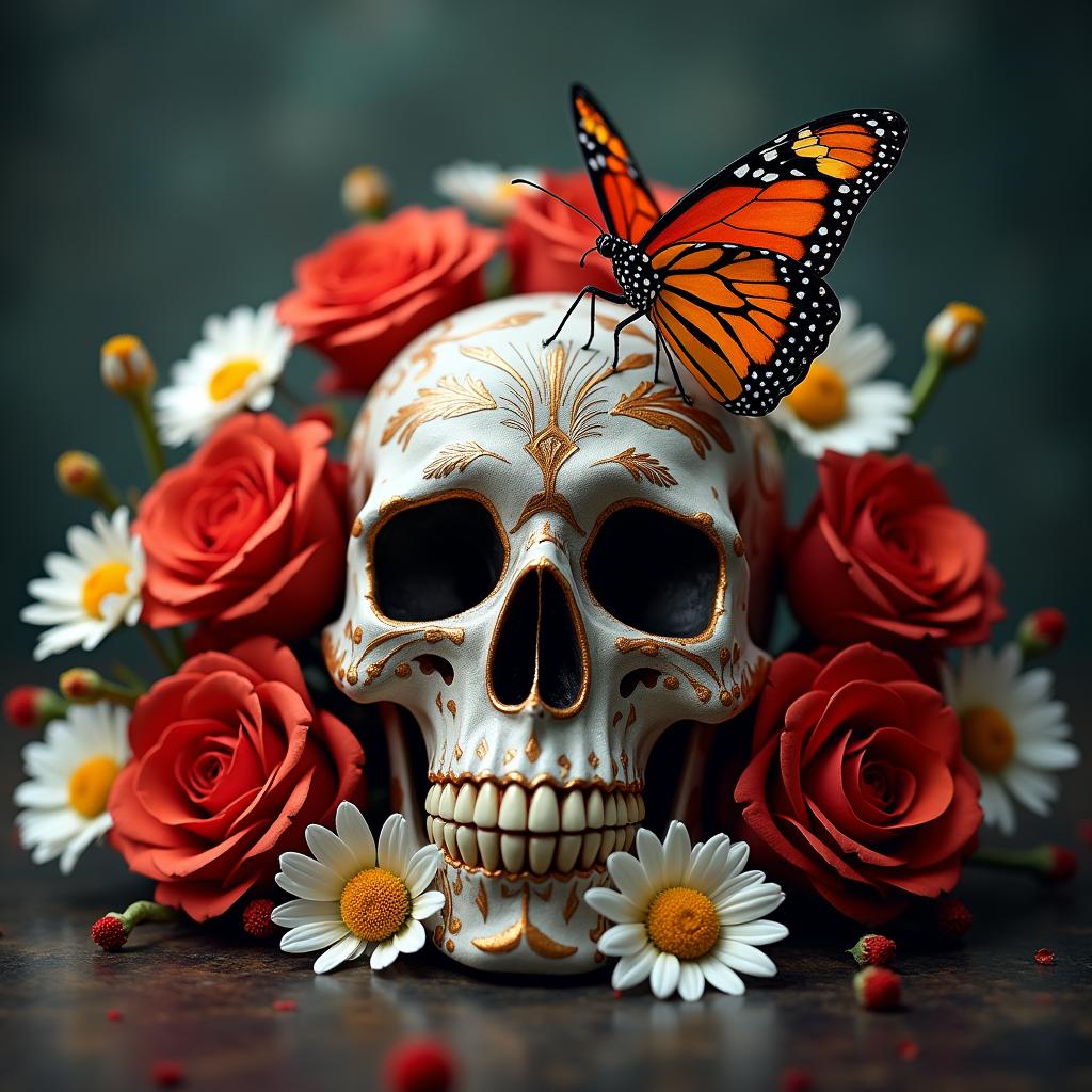 An intricately designed skull surrounded by a burst of colorful flowers, including bold red roses and delicate white daisies