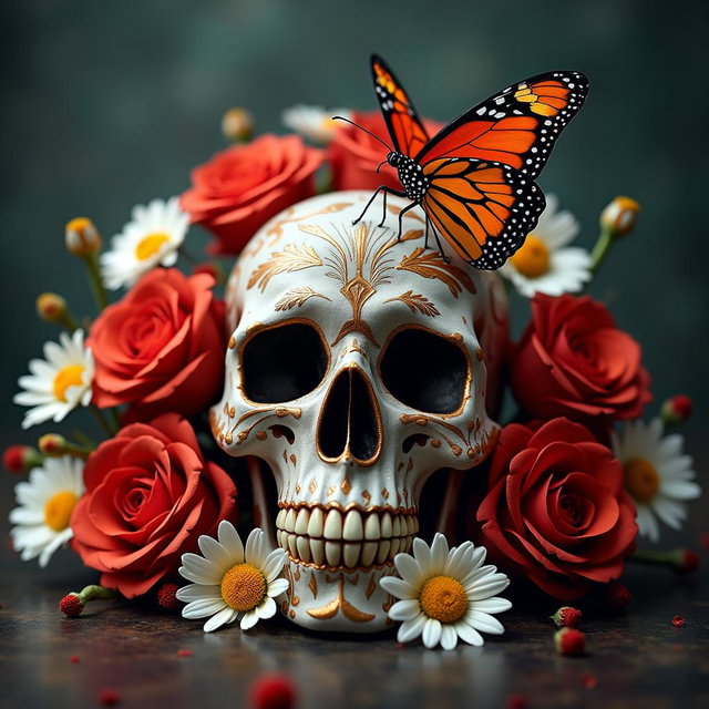 An intricately designed skull surrounded by a burst of colorful flowers, including bold red roses and delicate white daisies