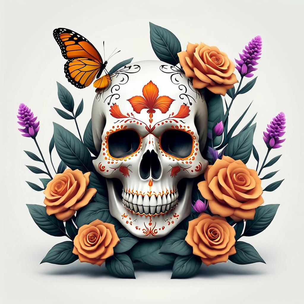 Surreal Harmony: Skull, Roses, and Butterflies