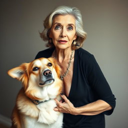 A stunning 75-year-old woman with an expression of surprise, standing confidently and facing the camera directly