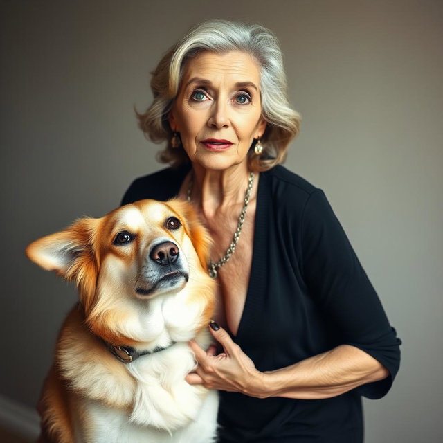 A stunning 75-year-old woman with an expression of surprise, standing confidently and facing the camera directly