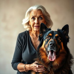 A stunning 75-year-old woman with an expression of surprise, standing confidently and facing the camera directly