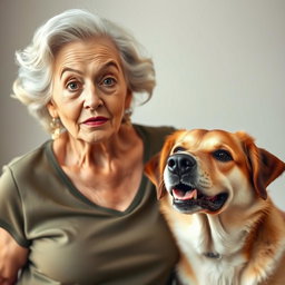 A beautiful 75-year-old woman with a surprised expression, standing confidently and facing the camera directly