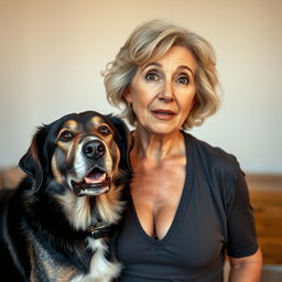 A beautiful 75-year-old woman with a surprised expression, standing confidently and facing the camera directly