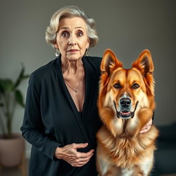 A beautiful 75-year-old woman with a surprised expression, standing confidently and facing the camera directly