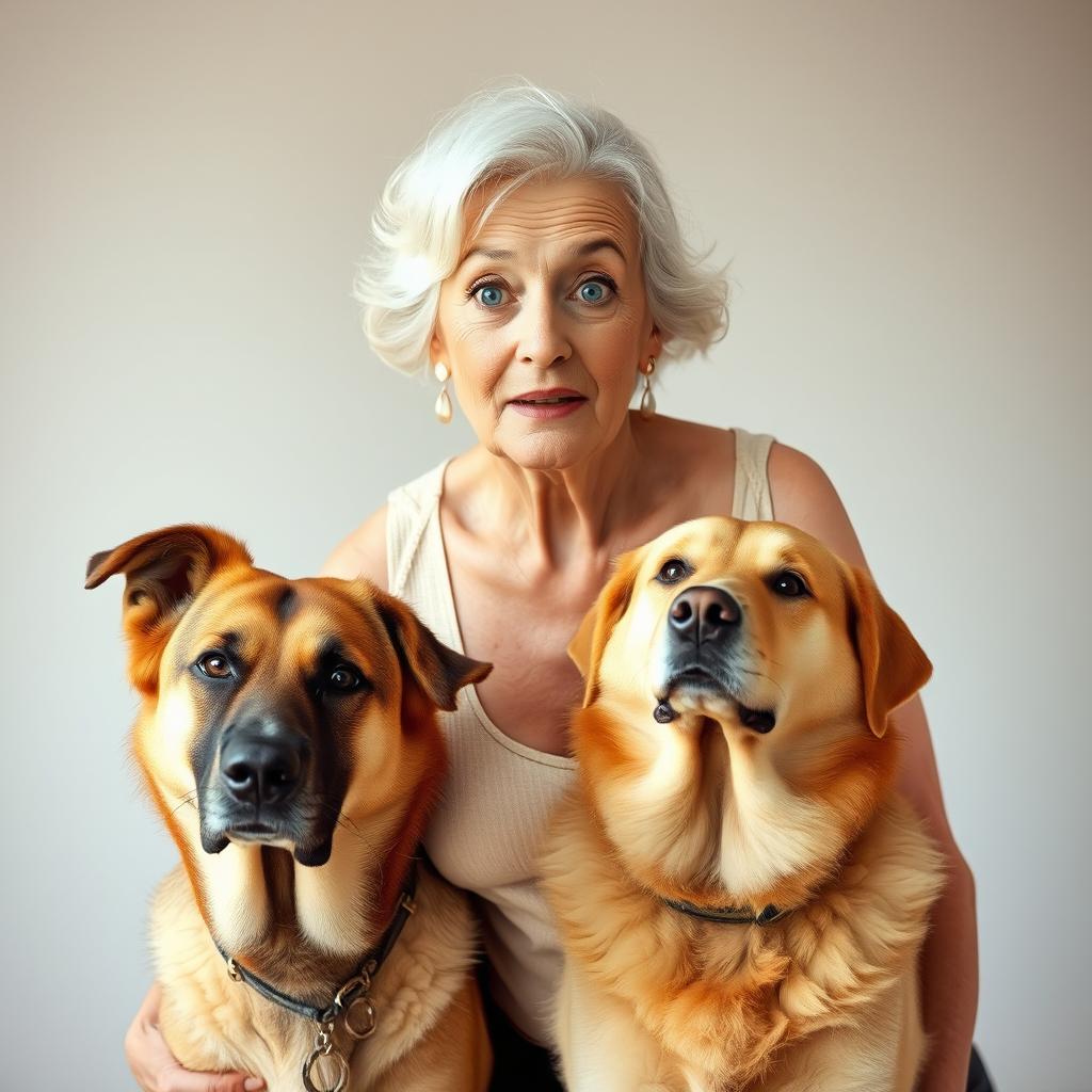 A beautiful 75-year-old woman with a surprised expression, standing confidently and facing the camera directly