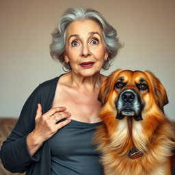 A beautiful 75-year-old woman with a surprised expression, standing confidently and facing the camera directly